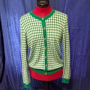 Ann Taylor Green and White Houndstooth Cardigan